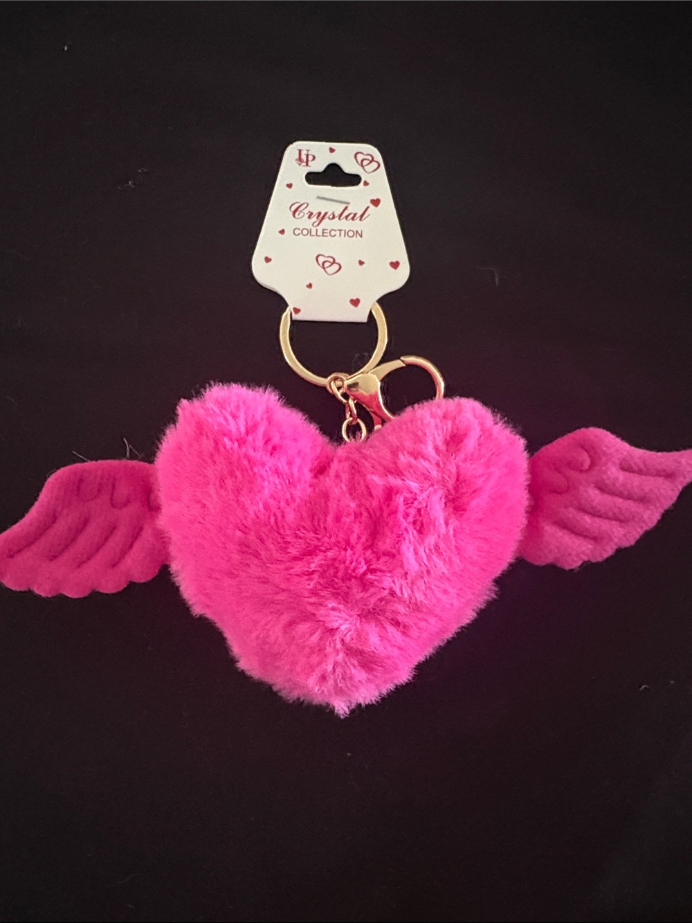 Crystal Collection Pink Fuzzy Heart Wing Keychain Bag Charm